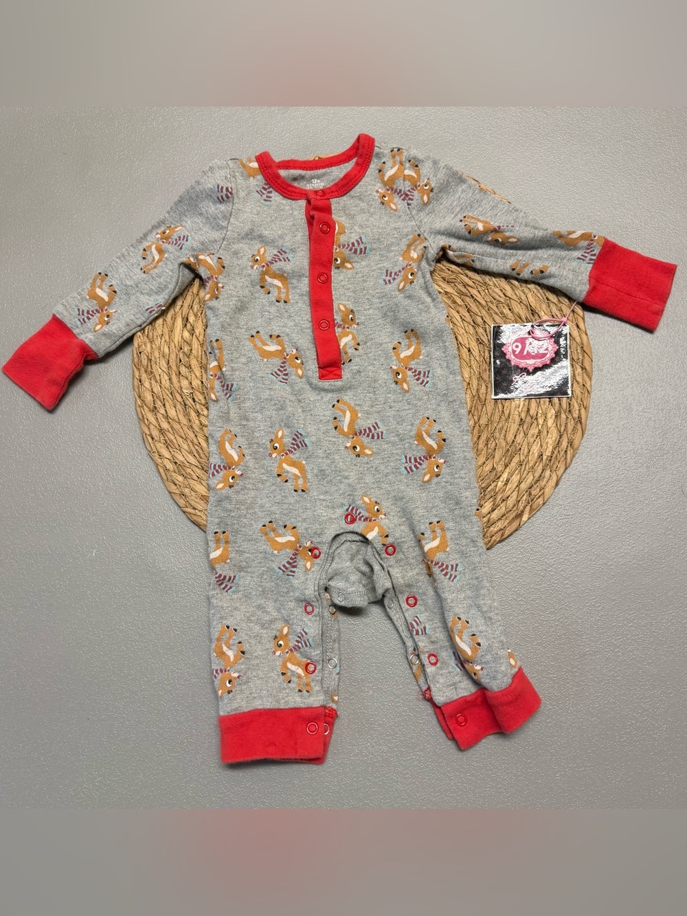 Grey Fox Print Baby One-Piece Pajama with Red Trim